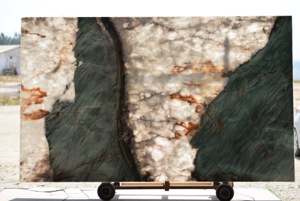 slab of botanic wave quartzite backlit in natural light